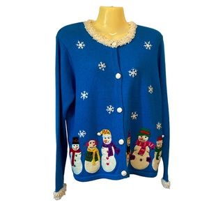 Arriviste Snowmen Holiday Cardigan Novelty Sweater Button Front Vintage Blue Med